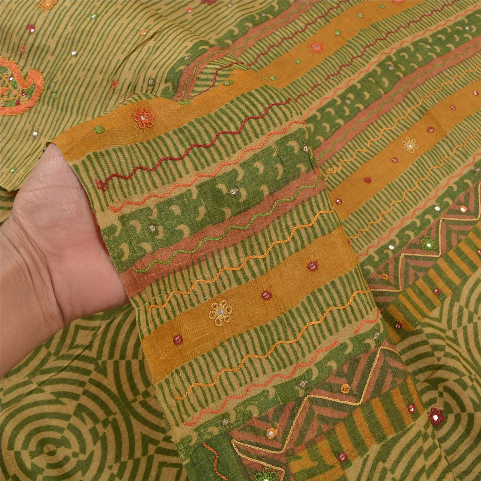 Sanskriti Vintage Green Indian Sarees 100% Pure Silk Hand Beaded Sari Fabric, PS-58229-Green-Thread Work-100% Pure Silk-4