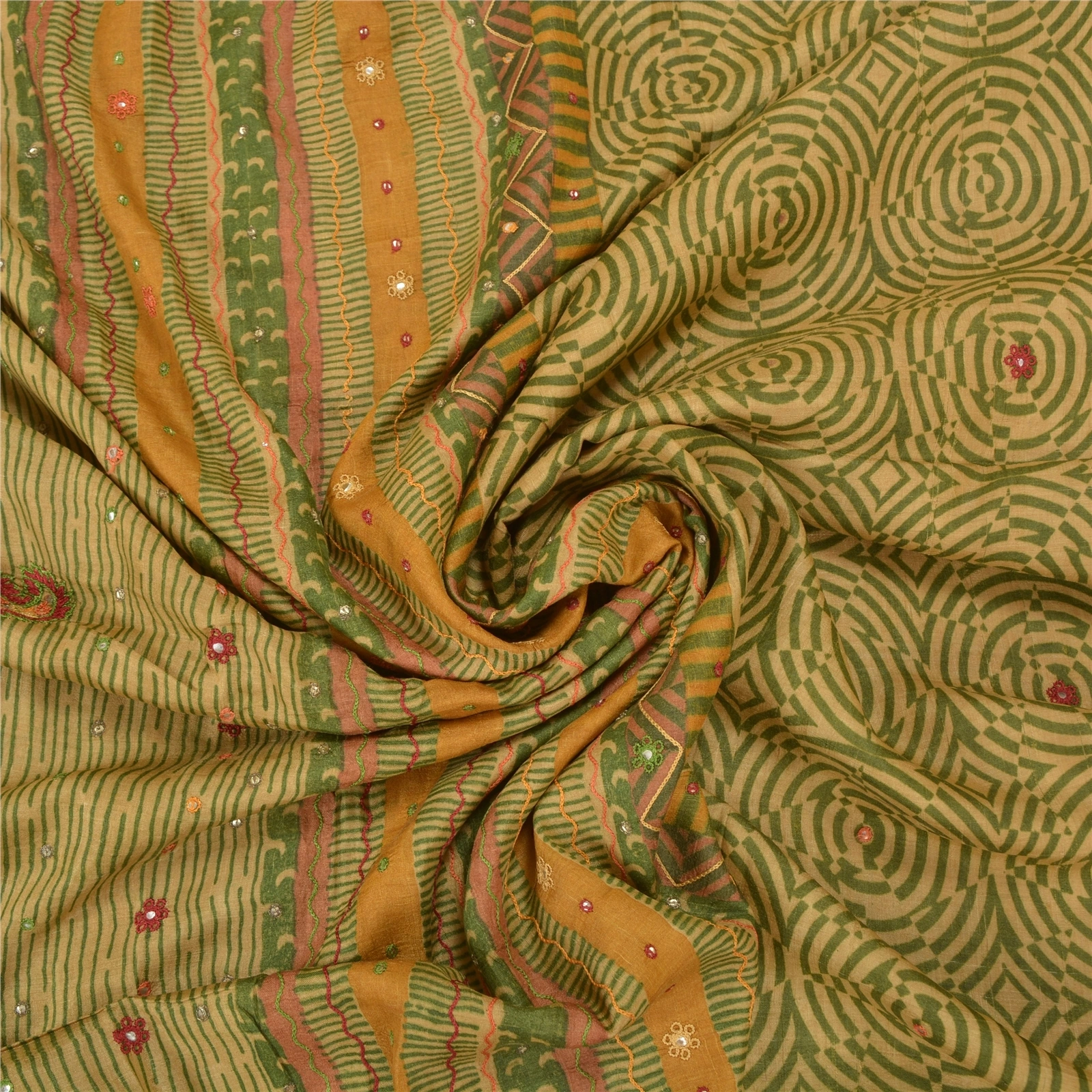 Sanskriti Vintage Green Indian Sarees 100% Pure Silk Hand Beaded Sari Fabric, PS-58229-Green-Thread Work-100% Pure Silk-6