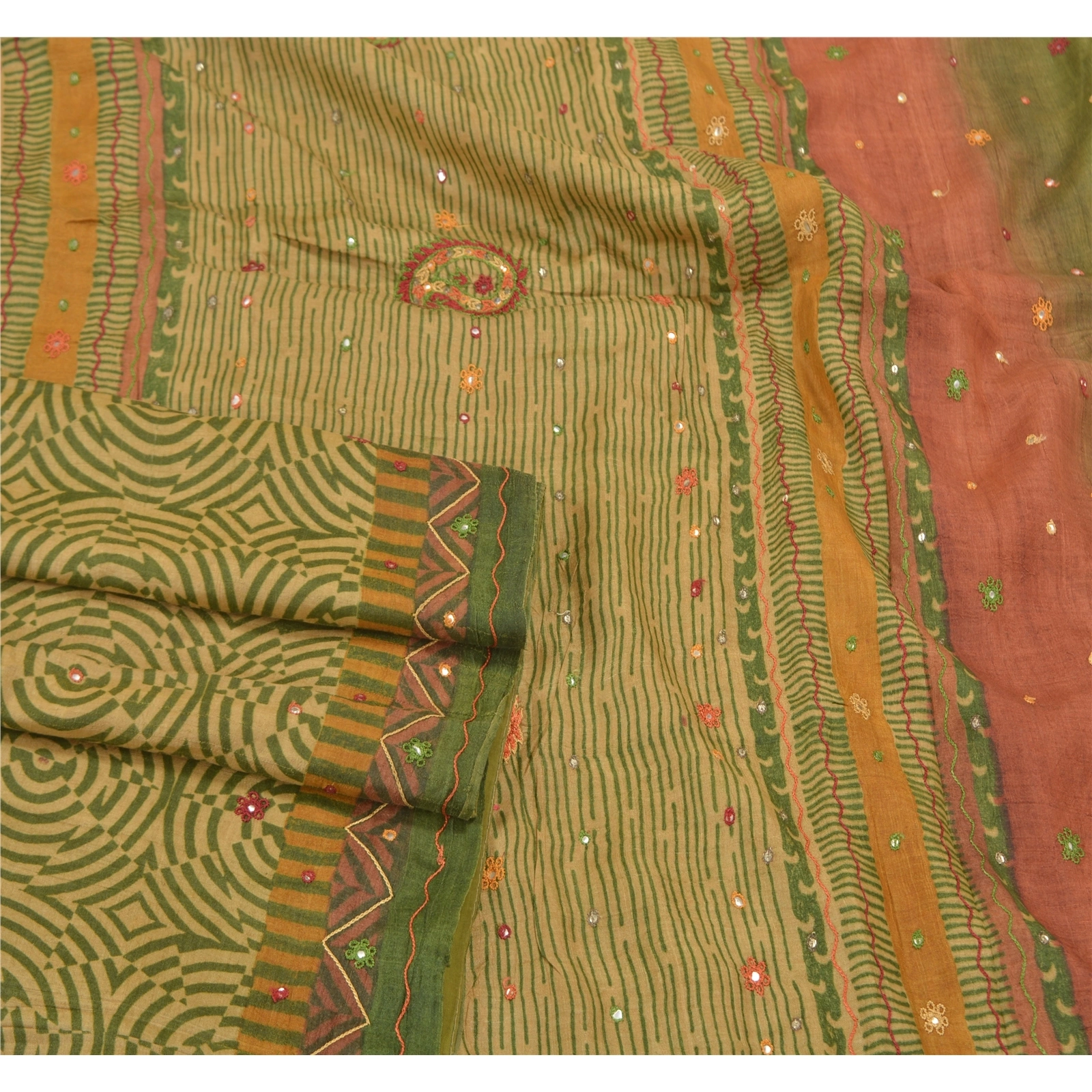 Sanskriti Vintage Green Indian Sarees 100% Pure Silk Hand Beaded Sari Fabric, PS-58229-Green-Thread Work-100% Pure Silk-7