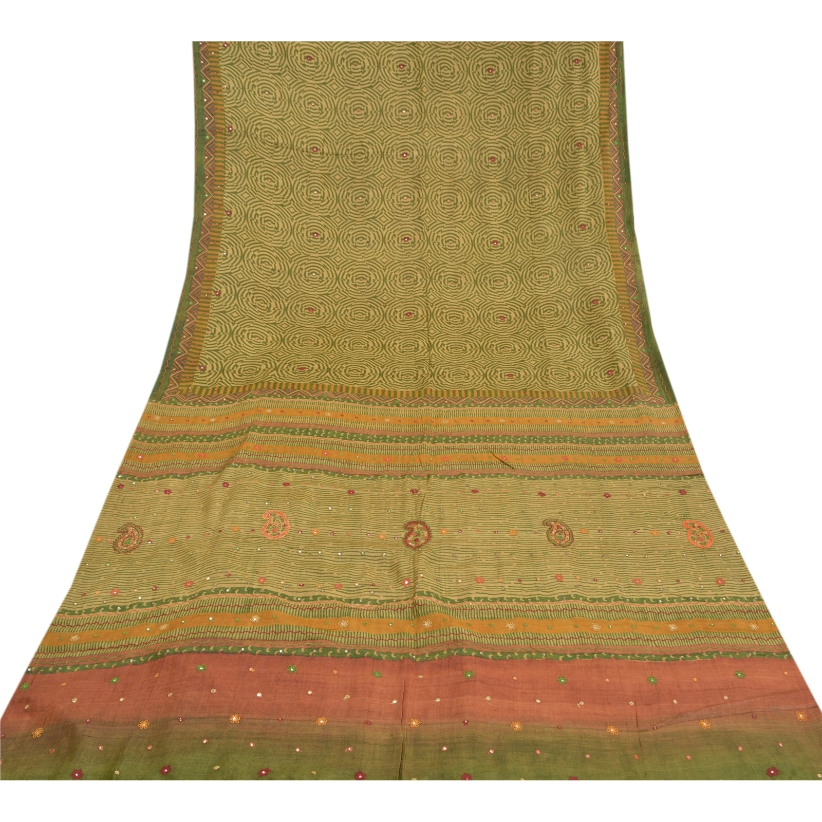 Sanskriti Vintage Green Indian Sarees 100% Pure Silk Hand Beaded Sari Fabric, PS-58229-Green-Thread Work-100% Pure Silk-8