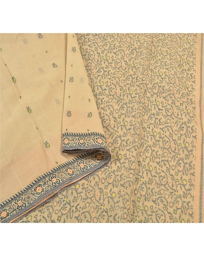 Sanskriti Vintage Ivory Sarees Pure Cotton Hand-Woven Indian Tant Sari Fabric, PS-58231-Shade Of Ivory-Thread Work-100% Pure Cotton-1