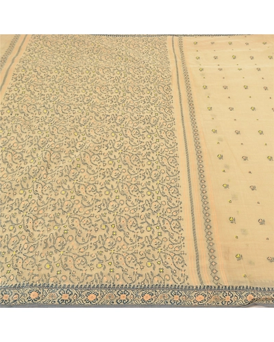 Sanskriti Vintage Ivory Sarees Pure Cotton Hand-Woven Indian Tant Sari Fabric, PS-58231-Shade Of Ivory-Thread Work-100% Pure Cotton-3