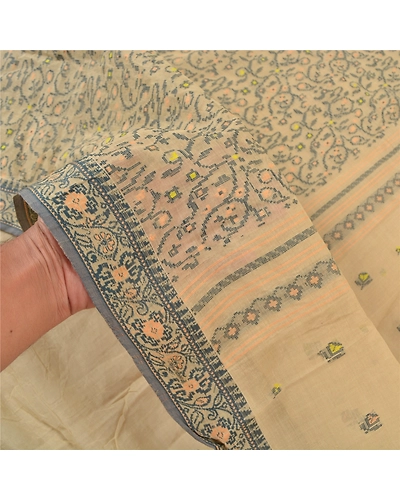 Sanskriti Vintage Ivory Sarees Pure Cotton Hand-Woven Indian Tant Sari Fabric, PS-58231-Shade Of Ivory-Thread Work-100% Pure Cotton-4