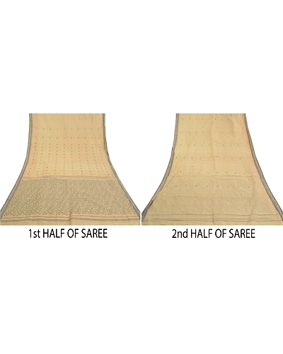 Sanskriti Vintage Ivory Sarees Pure Cotton Hand-Woven Indian Tant Sari Fabric, PS-58231-Shade Of Ivory-Thread Work-100% Pure Cotton-5