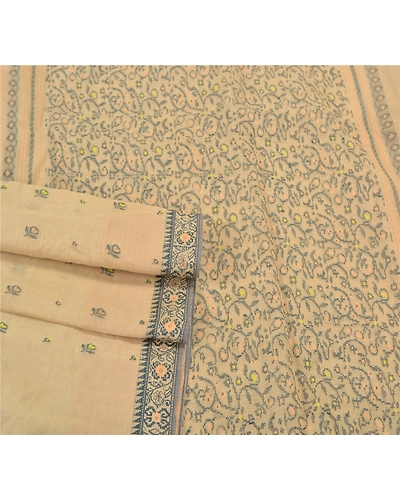 Sanskriti Vintage Ivory Sarees Pure Cotton Hand-Woven Indian Tant Sari Fabric, PS-58231-Shade Of Ivory-Thread Work-100% Pure Cotton-7
