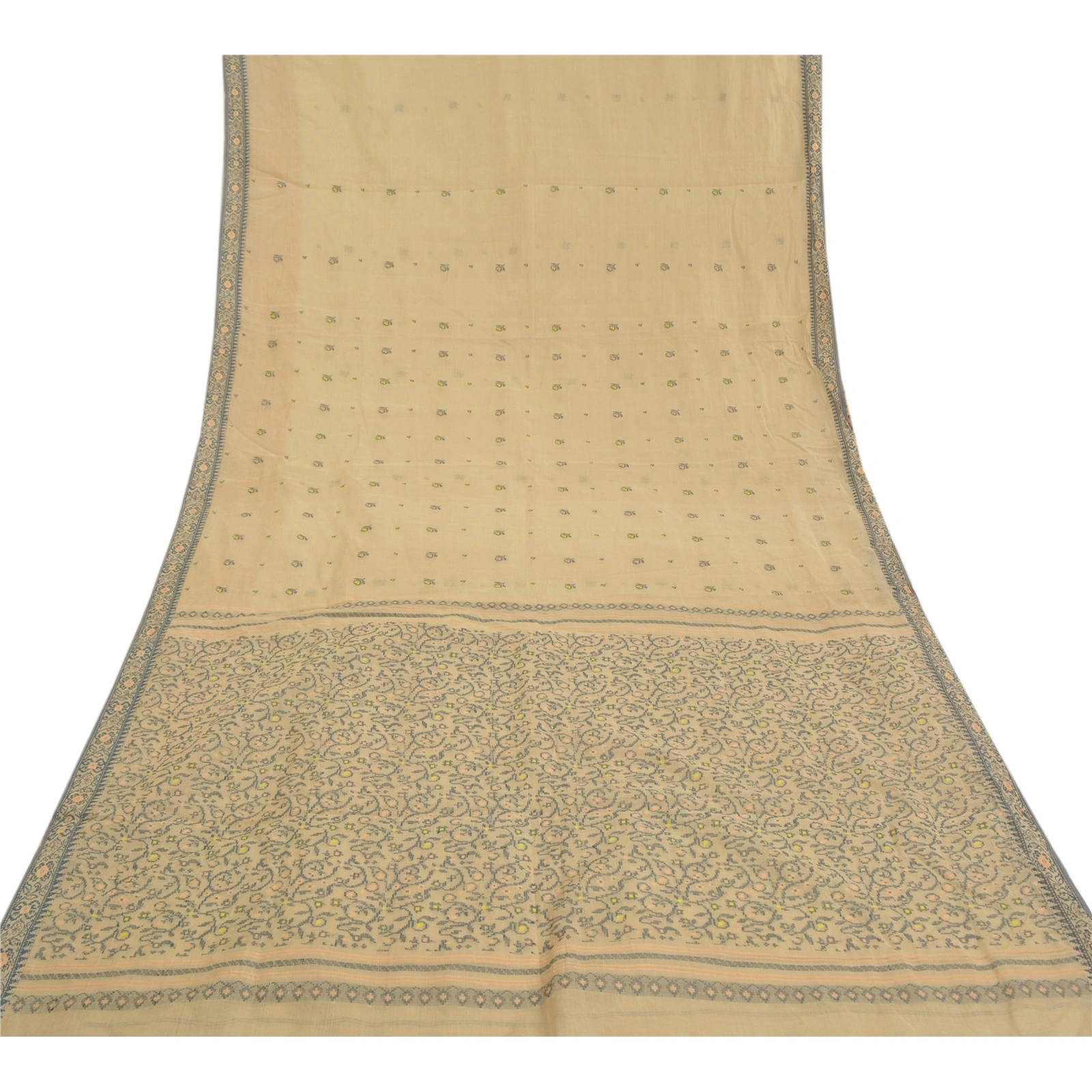 Sanskriti Vintage Ivory Sarees Pure Cotton Hand-Woven Indian Tant Sari Fabric, PS-58231-Shade Of Ivory-Thread Work-100% Pure Cotton-8