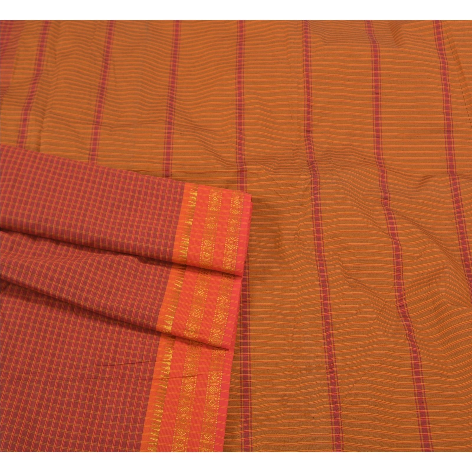 Sanskriti Vintage Dark Red Sarees Cotton Woven Chettinad/Kandangi Sari Fabric, PS-58238-Shade Of Saffron &amp; Dark Red-Woven Work-Cotton-7