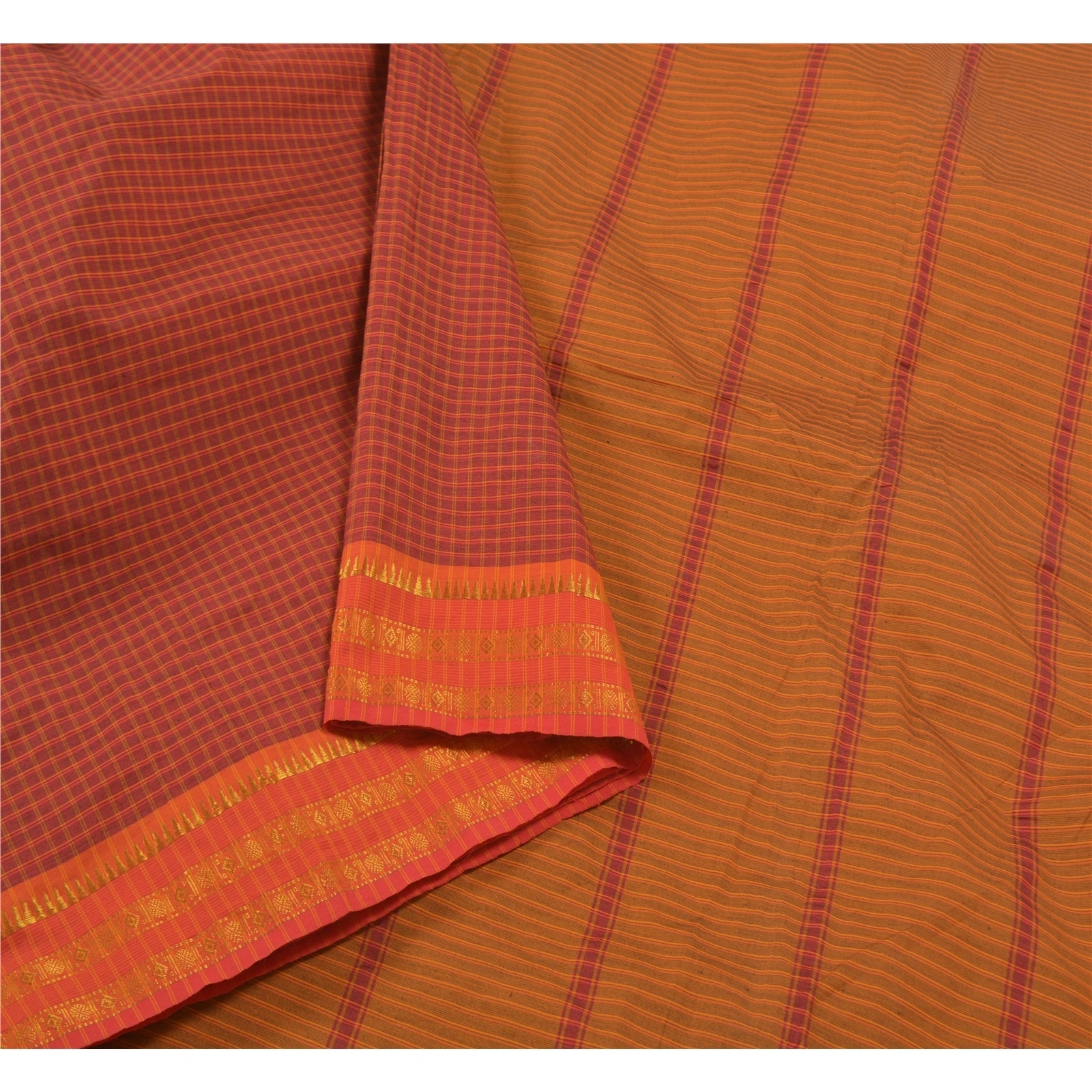 Sanskriti Vintage Dark Red Sarees Cotton Woven Chettinad/Kandangi Sari Fabric, PS-58238-Shade Of Saffron &amp; Dark Red-Woven Work-Cotton-9