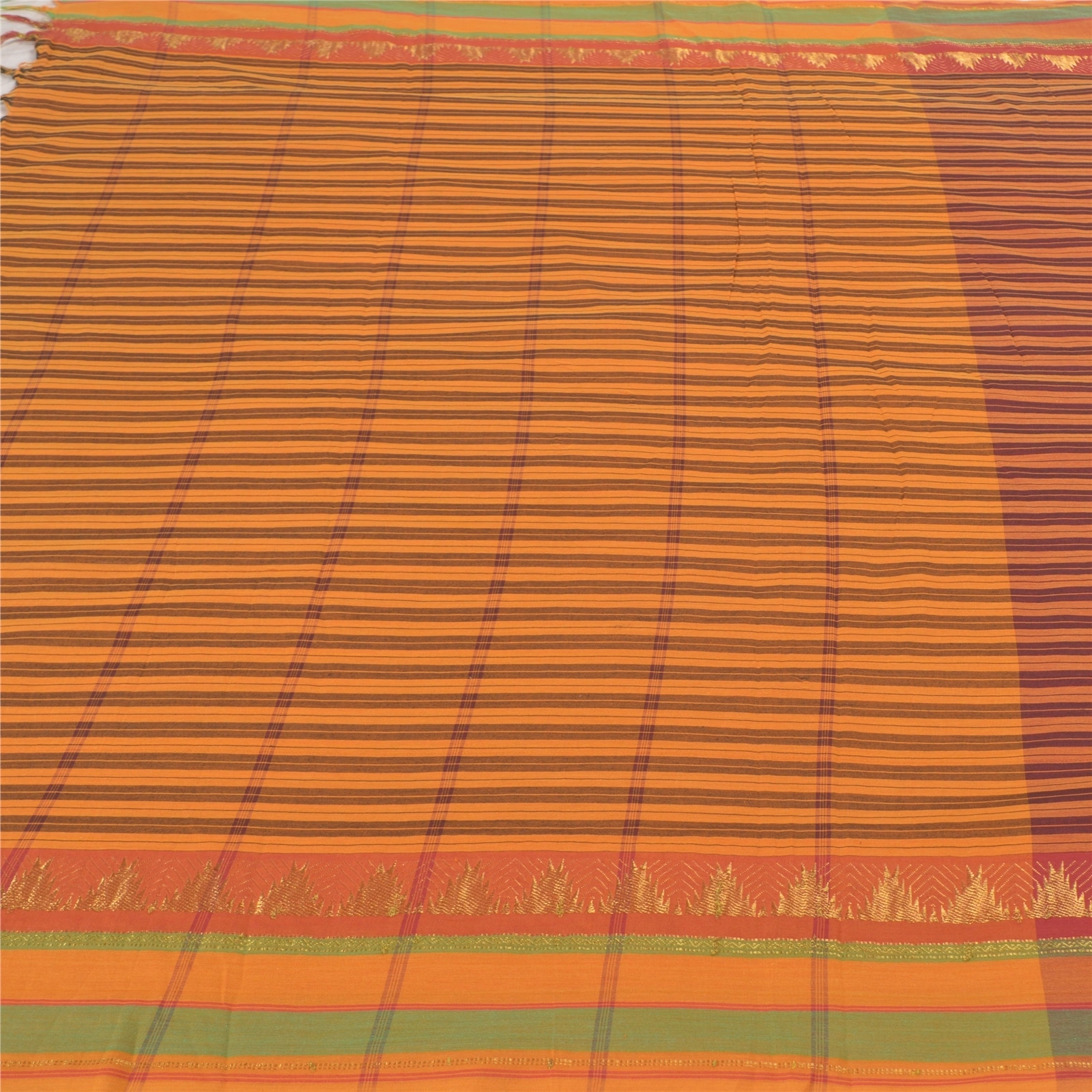 Sanskriti Vintage Sarees Blend Cotton Woven Chettinad/Kandangi Sari Fabric, PS-58246-Shade Of Saffron &amp; Dark Red-Woven Work-Blend Cotton-3