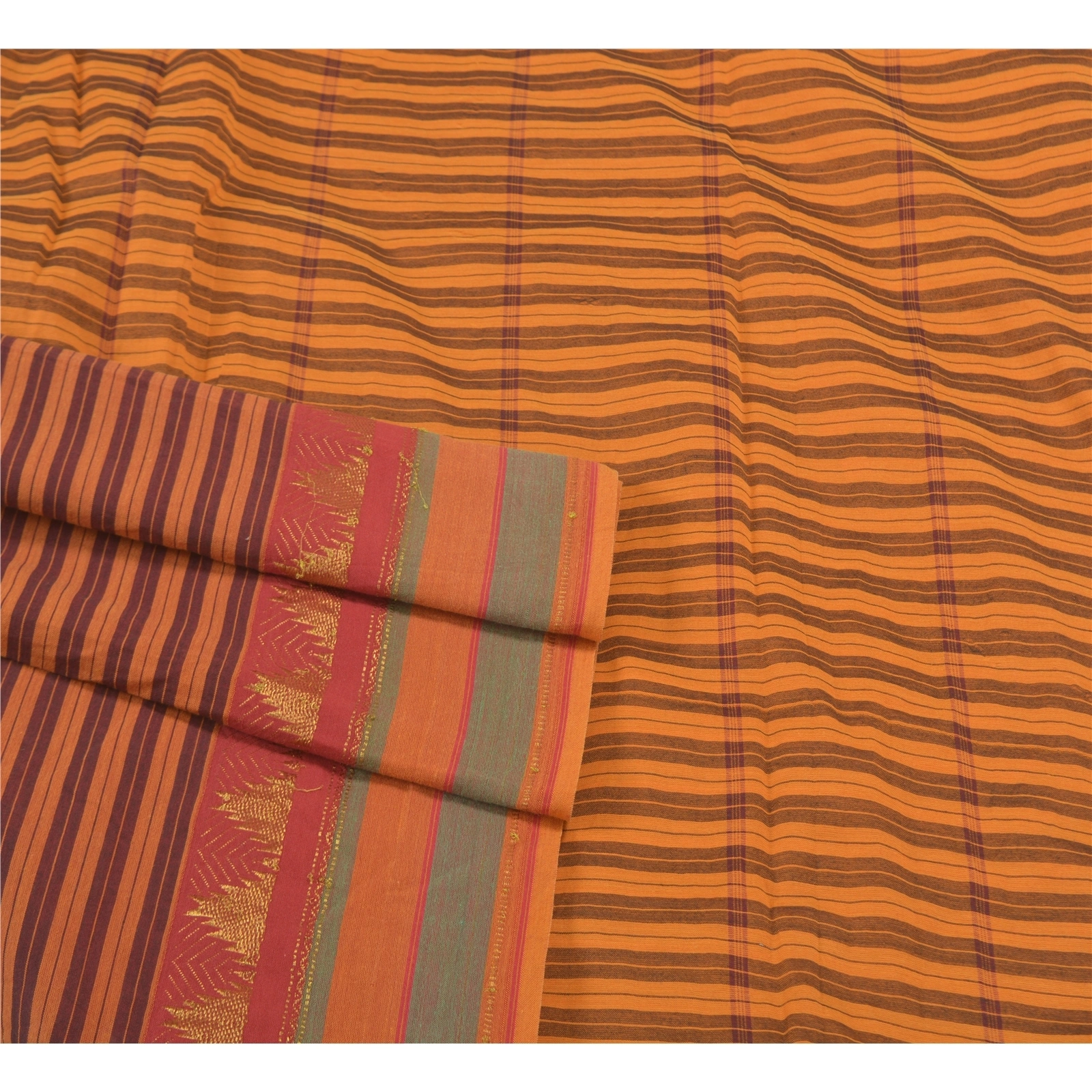 Sanskriti Vintage Sarees Blend Cotton Woven Chettinad/Kandangi Sari Fabric, PS-58246-Shade Of Saffron &amp; Dark Red-Woven Work-Blend Cotton-7