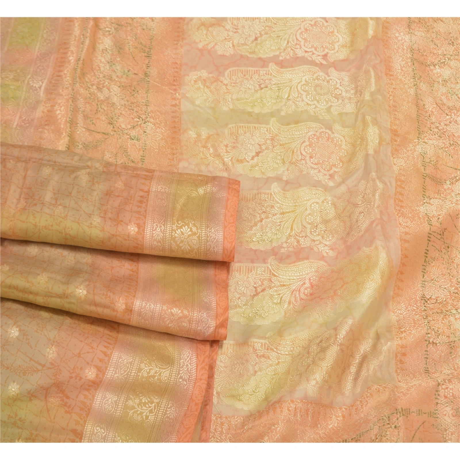 Sanskriti Vintage Peach Sarees 100% Pure Silk Woven Craft Sari 5 Yard Fabric, PS-58252-Shade Of Peach-Woven Work-100% Pure Silk-7