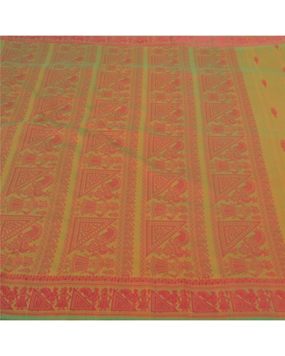Sanskriti Vintage Blend Cotton Woven Baluchari Sarees Green Premium Sari Fabric, PS-58264-Green-Woven Work-Blend Cotton-3