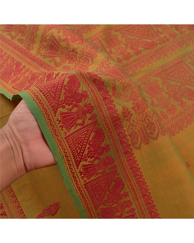 Sanskriti Vintage Blend Cotton Woven Baluchari Sarees Green Premium Sari Fabric, PS-58264-Green-Woven Work-Blend Cotton-4