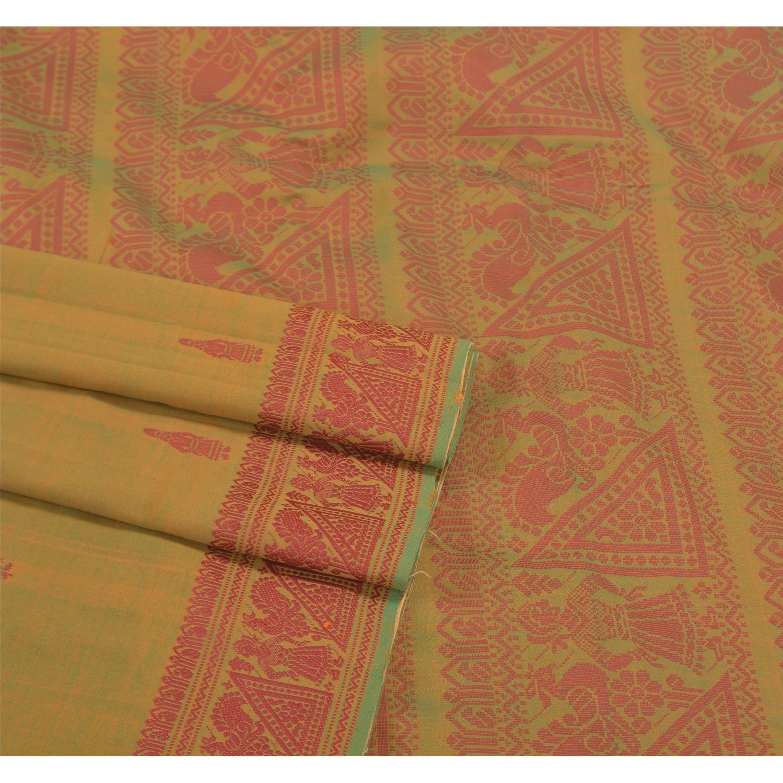 Sanskriti Vintage Blend Cotton Woven Baluchari Sarees Green Premium Sari Fabric, PS-58264-Green-Woven Work-Blend Cotton-7