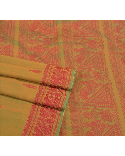 Sanskriti Vintage Blend Cotton Woven Baluchari Sarees Green Premium Sari Fabric, PS-58264-Green-Woven Work-Blend Cotton-7