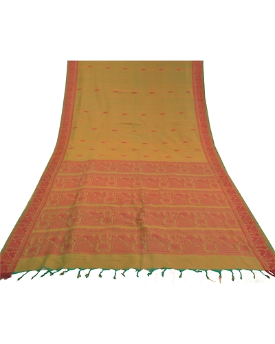 Sanskriti Vintage Blend Cotton Woven Baluchari Sarees Green Premium Sari Fabric, PS-58264-Green-Woven Work-Blend Cotton-8