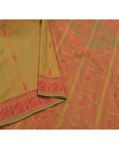Sanskriti Vintage Blend Cotton Woven Baluchari Sarees Green Premium Sari Fabric, PS-58264-Green-Woven Work-Blend Cotton-9