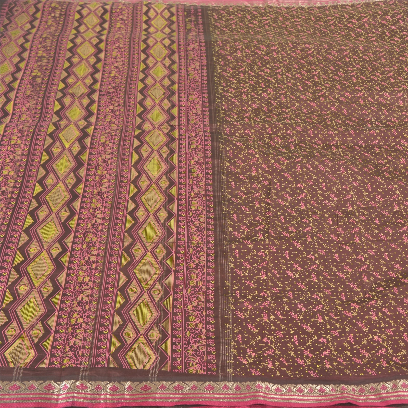 Sanskriti Vintage Sarees Blend Silk Printed &amp; Zari Border Premium Sari Fabric, PS-58274-Brown-Printed Work-Blend Silk-3