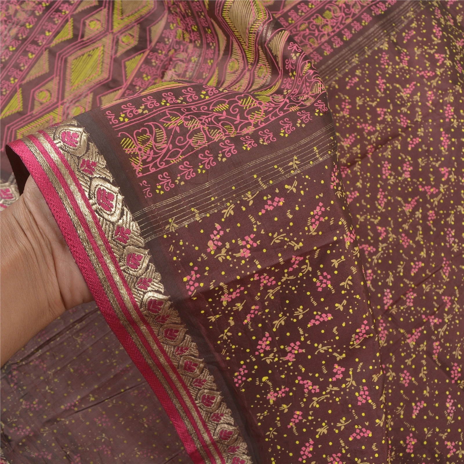 Sanskriti Vintage Sarees Blend Silk Printed &amp; Zari Border Premium Sari Fabric, PS-58274-Brown-Printed Work-Blend Silk-4