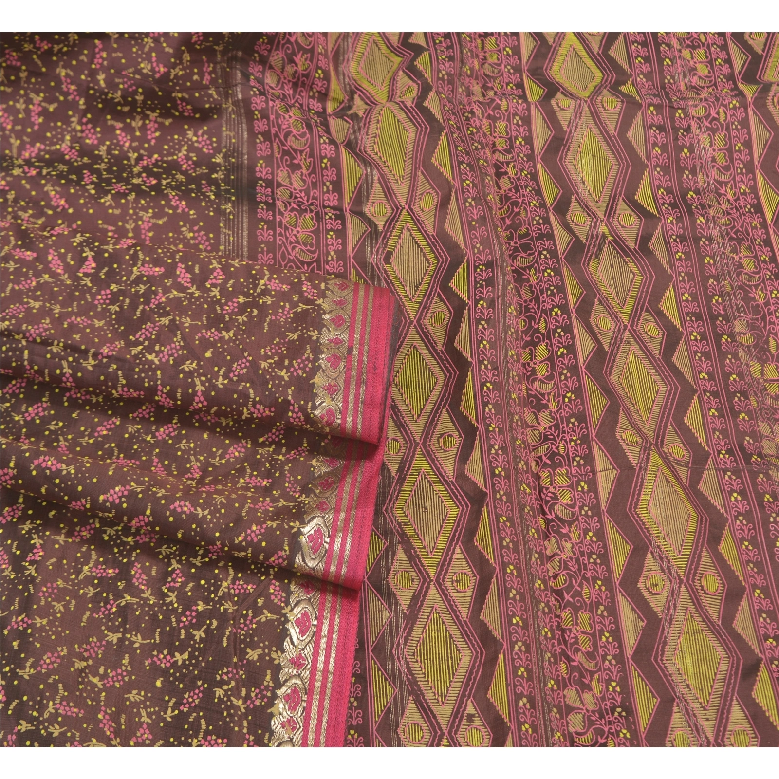 Sanskriti Vintage Sarees Blend Silk Printed &amp; Zari Border Premium Sari Fabric, PS-58274-Brown-Printed Work-Blend Silk-7