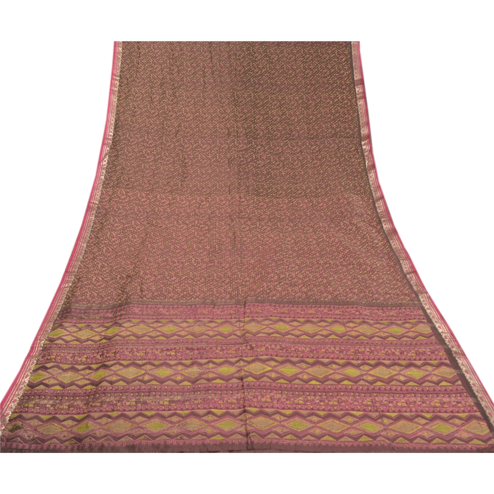 Sanskriti Vintage Sarees Blend Silk Printed &amp; Zari Border Premium Sari Fabric, PS-58274-Brown-Printed Work-Blend Silk-8