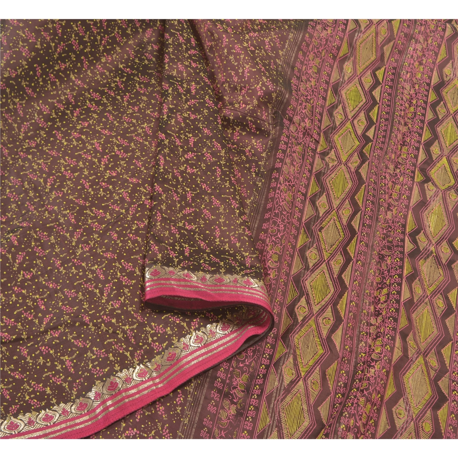 Sanskriti Vintage Sarees Blend Silk Printed &amp; Zari Border Premium Sari Fabric, PS-58274-Brown-Printed Work-Blend Silk-9