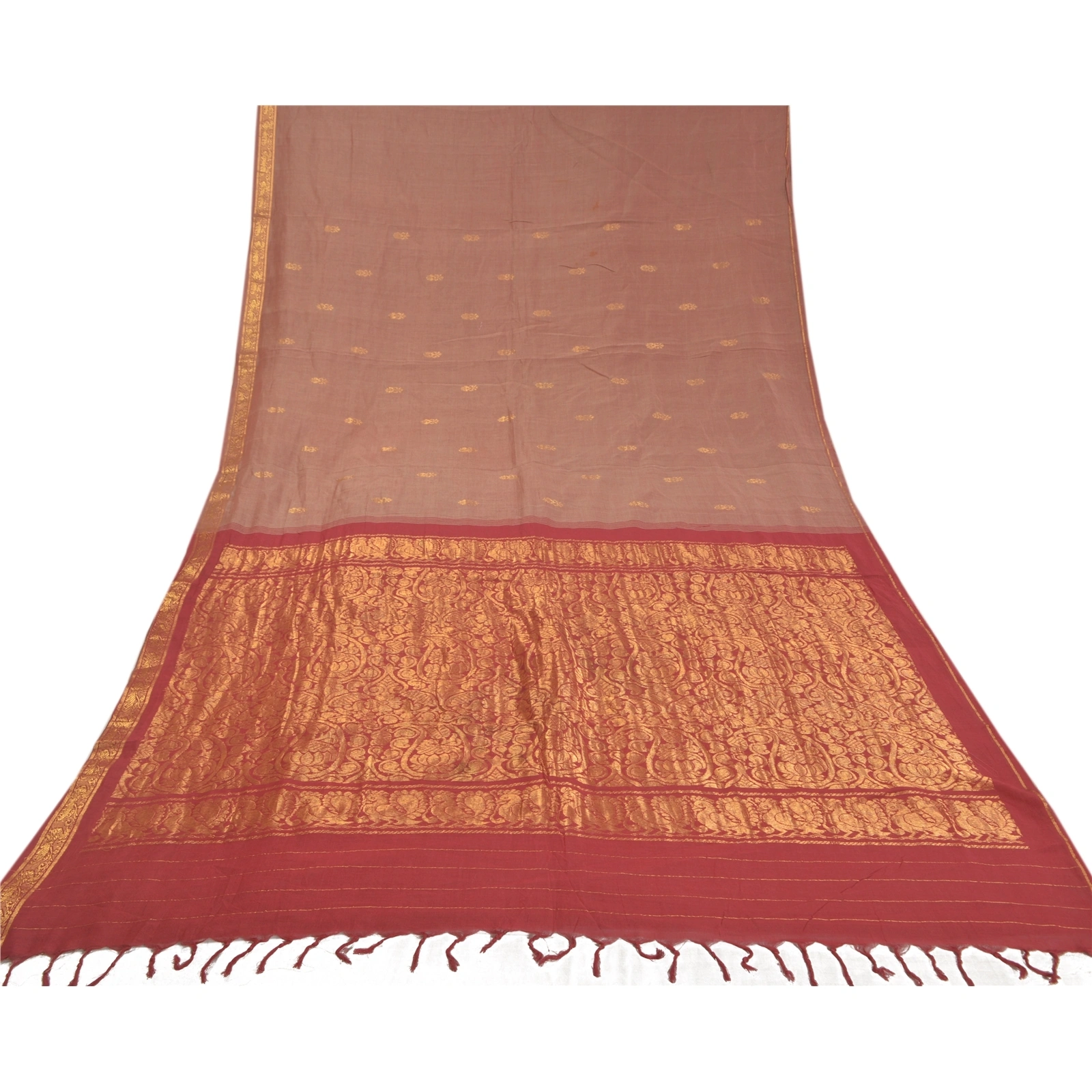 Sanskriti Vintage Brown Sarees Cotton Silk Woven Zari Premium Zari Sari Fabric, PS-58299-Shade Of Brown &amp; Dark Red-Zari Work-Cotton Silk-8