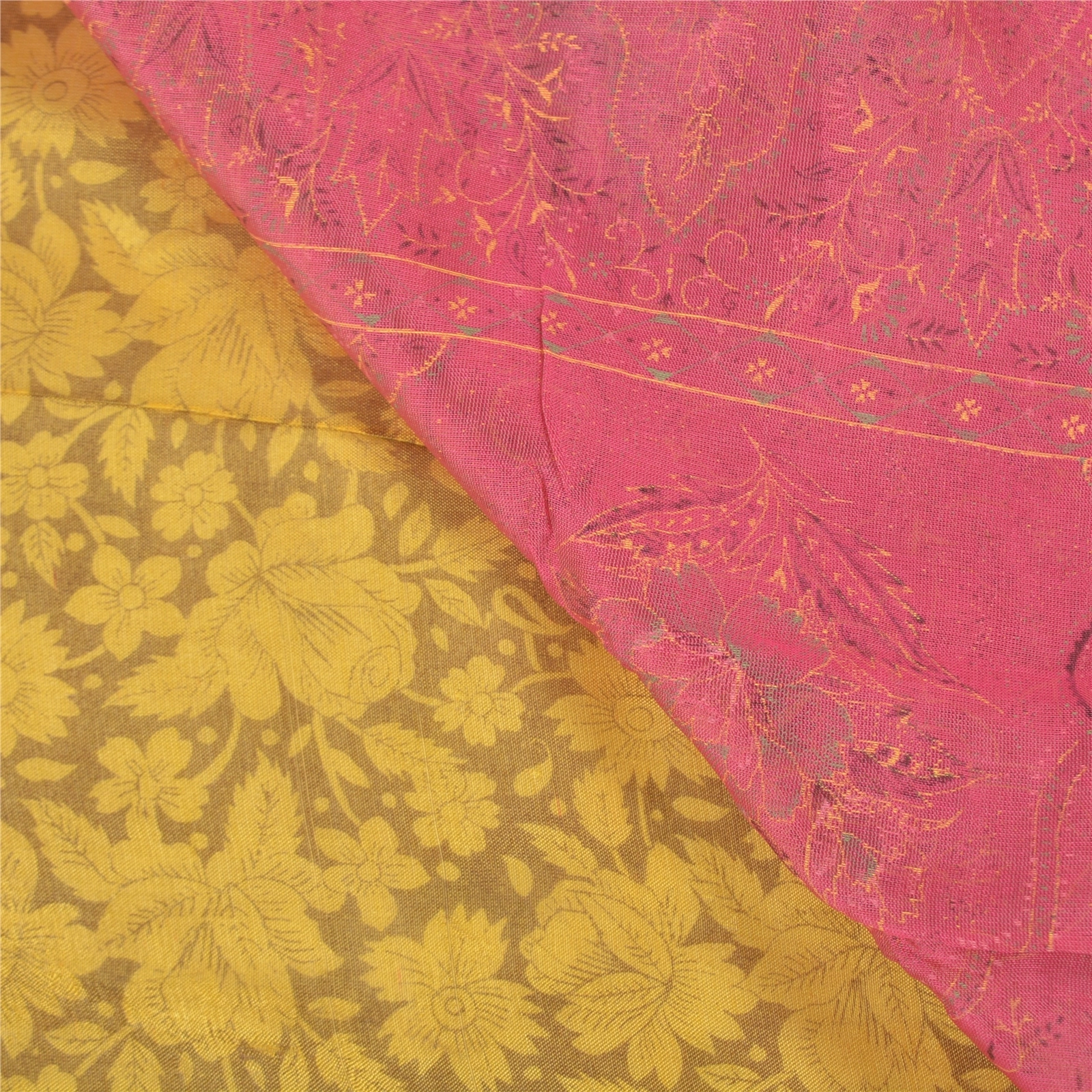 Sanskriti Vintage Lemon Indian Sarees Blend Silk Printed Premium Sari Fabric, PS-58302-Shade Of Lemon &amp; Pink-Printed Work-Blend Silk-2