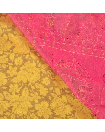 Sanskriti Vintage Lemon Indian Sarees Blend Silk Printed Premium Sari Fabric, PS-58302-Shade Of Lemon &amp; Pink-Printed Work-Blend Silk-2