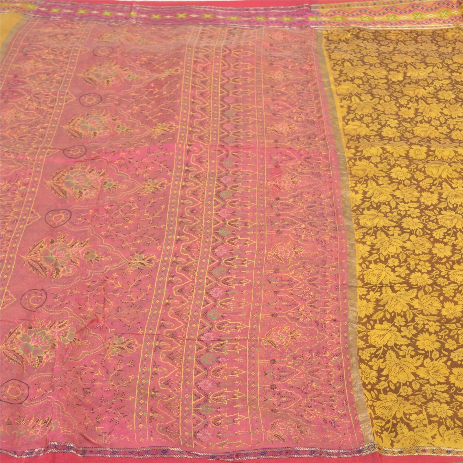 Sanskriti Vintage Lemon Indian Sarees Blend Silk Printed Premium Sari Fabric, PS-58302-Shade Of Lemon &amp; Pink-Printed Work-Blend Silk-3