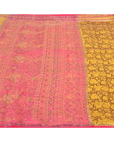 Sanskriti Vintage Lemon Indian Sarees Blend Silk Printed Premium Sari Fabric, PS-58302-Shade Of Lemon &amp; Pink-Printed Work-Blend Silk-3