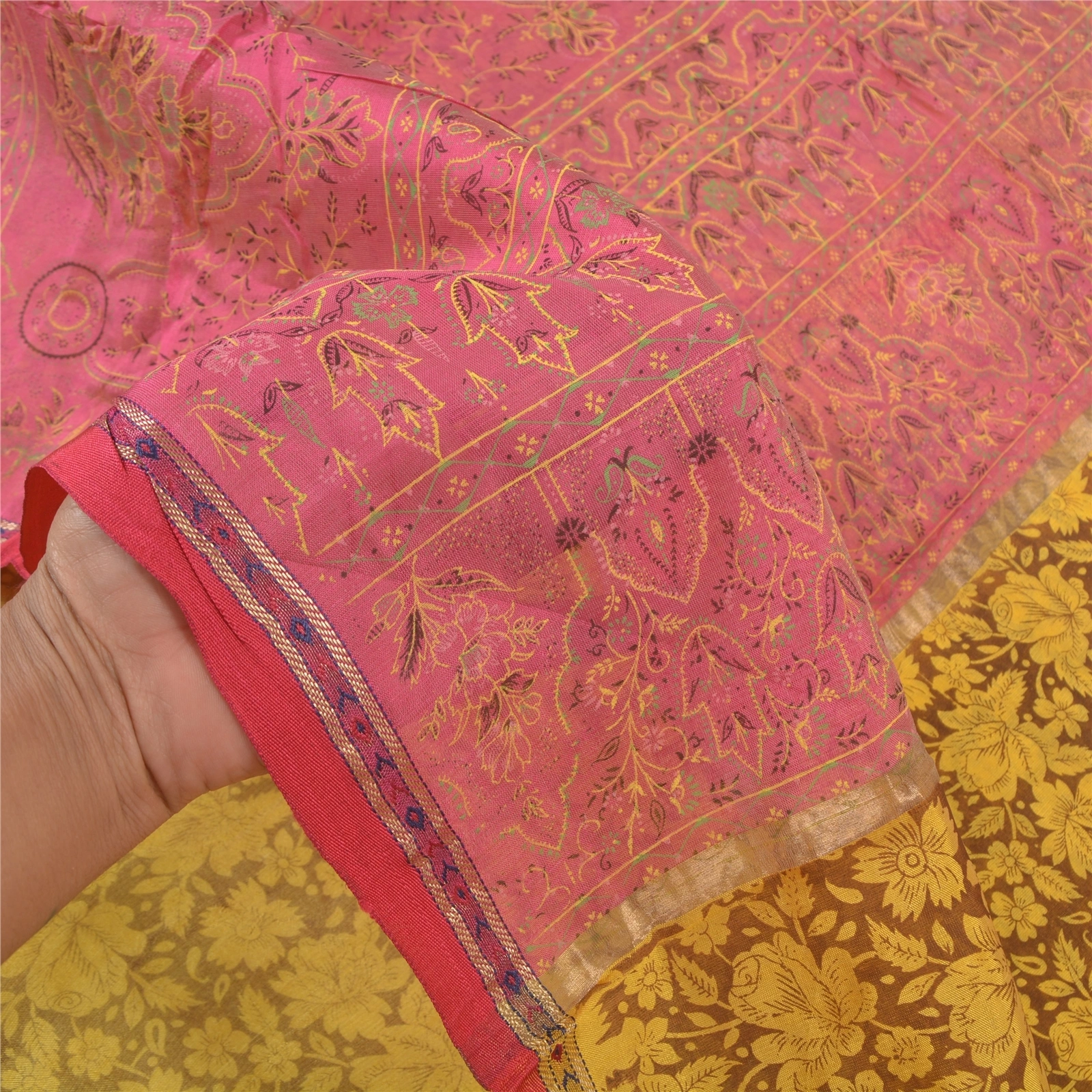 Sanskriti Vintage Lemon Indian Sarees Blend Silk Printed Premium Sari Fabric, PS-58302-Shade Of Lemon &amp; Pink-Printed Work-Blend Silk-4