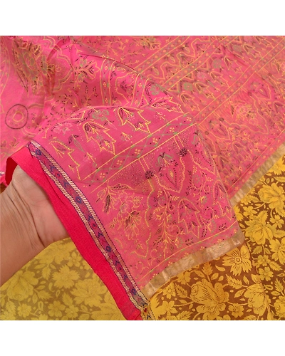 Sanskriti Vintage Lemon Indian Sarees Blend Silk Printed Premium Sari Fabric, PS-58302-Shade Of Lemon &amp; Pink-Printed Work-Blend Silk-4