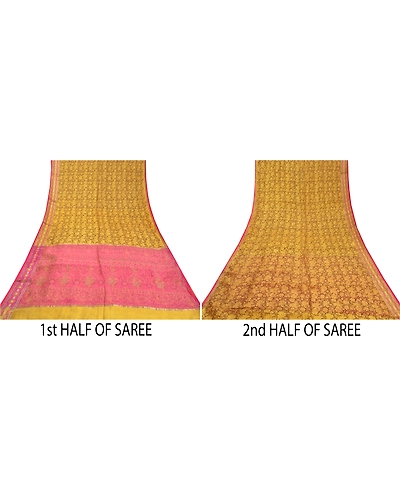 Sanskriti Vintage Lemon Indian Sarees Blend Silk Printed Premium Sari Fabric, PS-58302-Shade Of Lemon &amp; Pink-Printed Work-Blend Silk-5