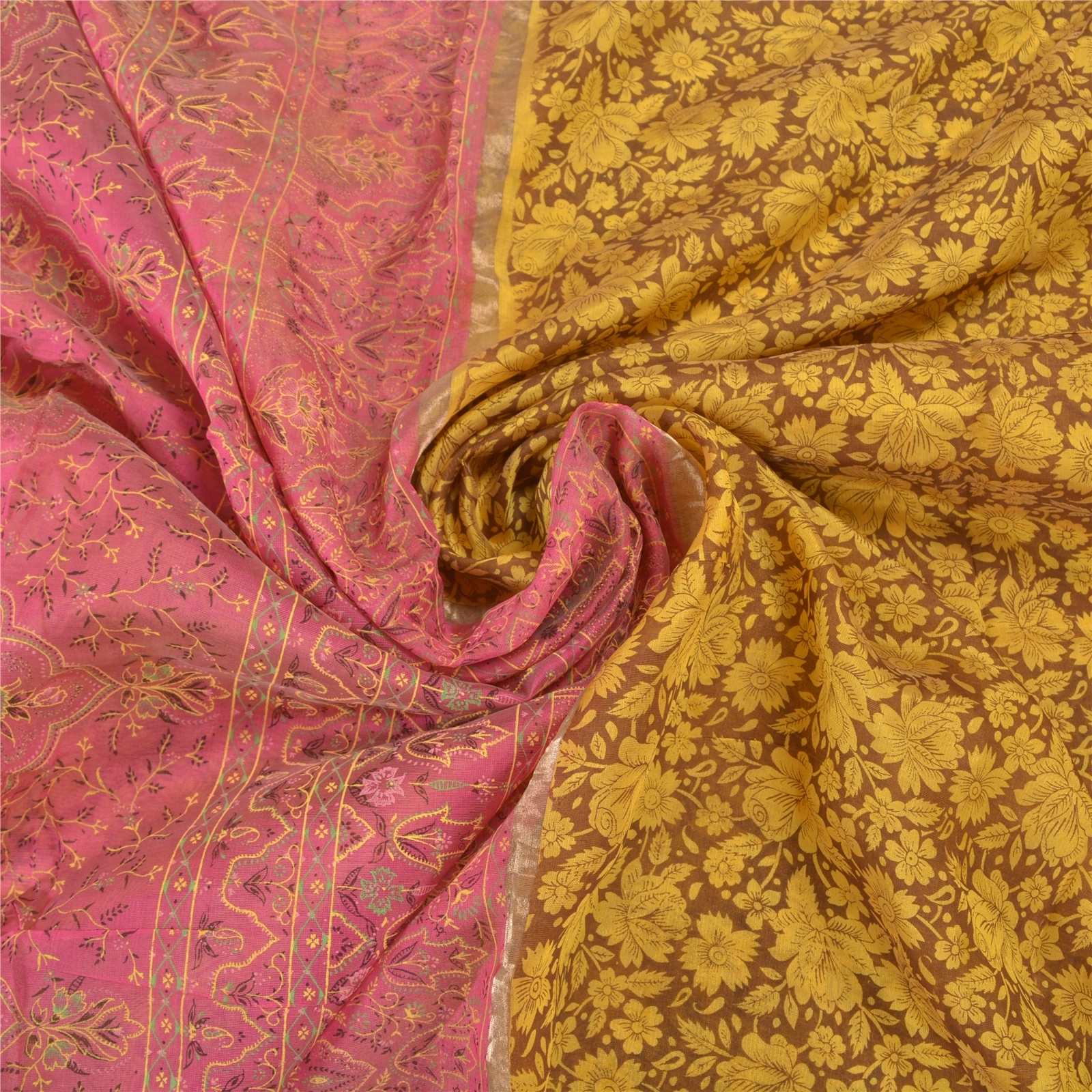 Sanskriti Vintage Lemon Indian Sarees Blend Silk Printed Premium Sari Fabric, PS-58302-Shade Of Lemon &amp; Pink-Printed Work-Blend Silk-6