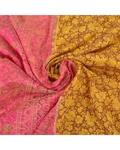 Sanskriti Vintage Lemon Indian Sarees Blend Silk Printed Premium Sari Fabric, PS-58302-Shade Of Lemon &amp; Pink-Printed Work-Blend Silk-6
