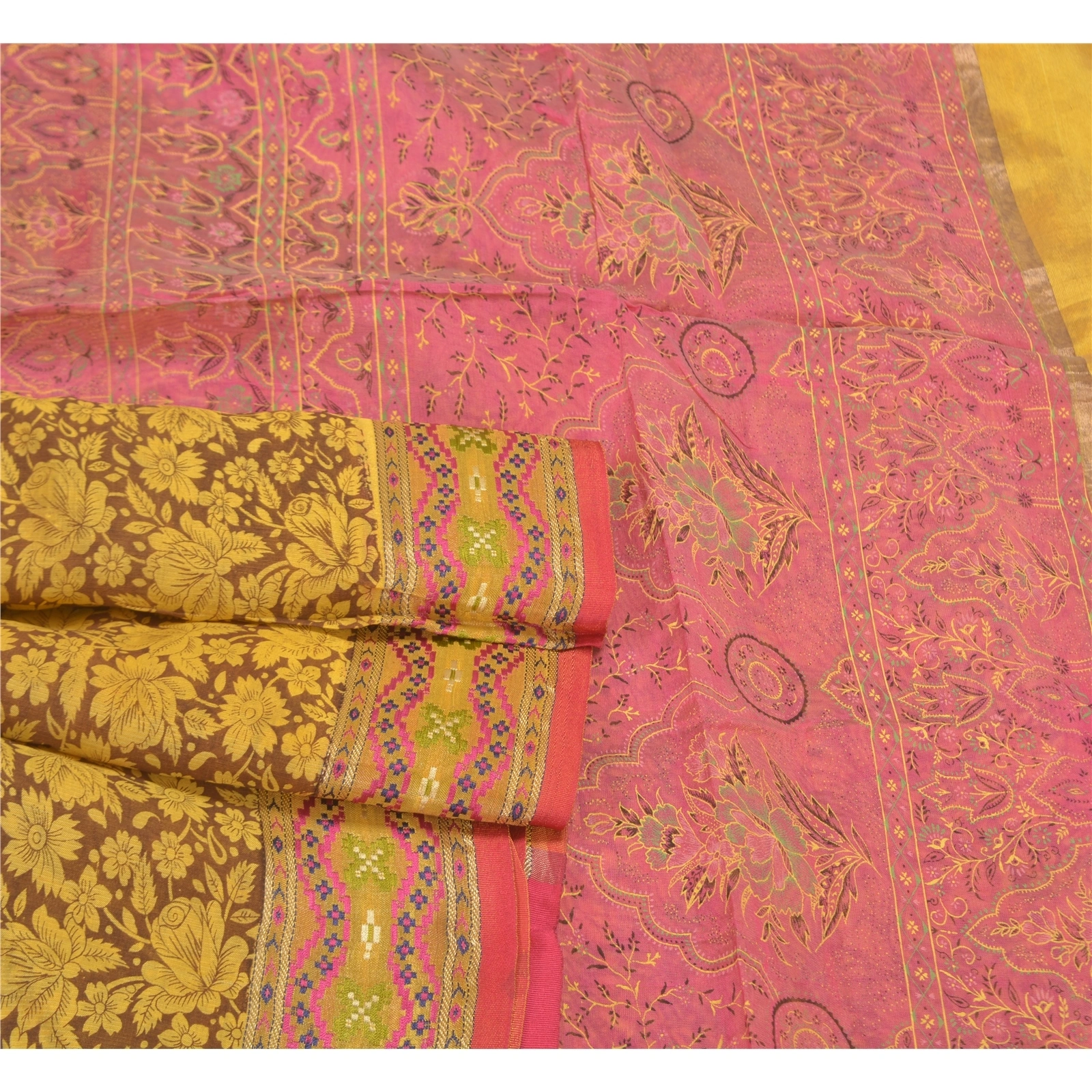 Sanskriti Vintage Lemon Indian Sarees Blend Silk Printed Premium Sari Fabric, PS-58302-Shade Of Lemon &amp; Pink-Printed Work-Blend Silk-7