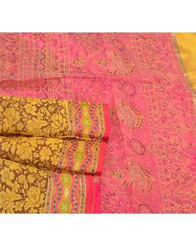 Sanskriti Vintage Lemon Indian Sarees Blend Silk Printed Premium Sari Fabric, PS-58302-Shade Of Lemon &amp; Pink-Printed Work-Blend Silk-7