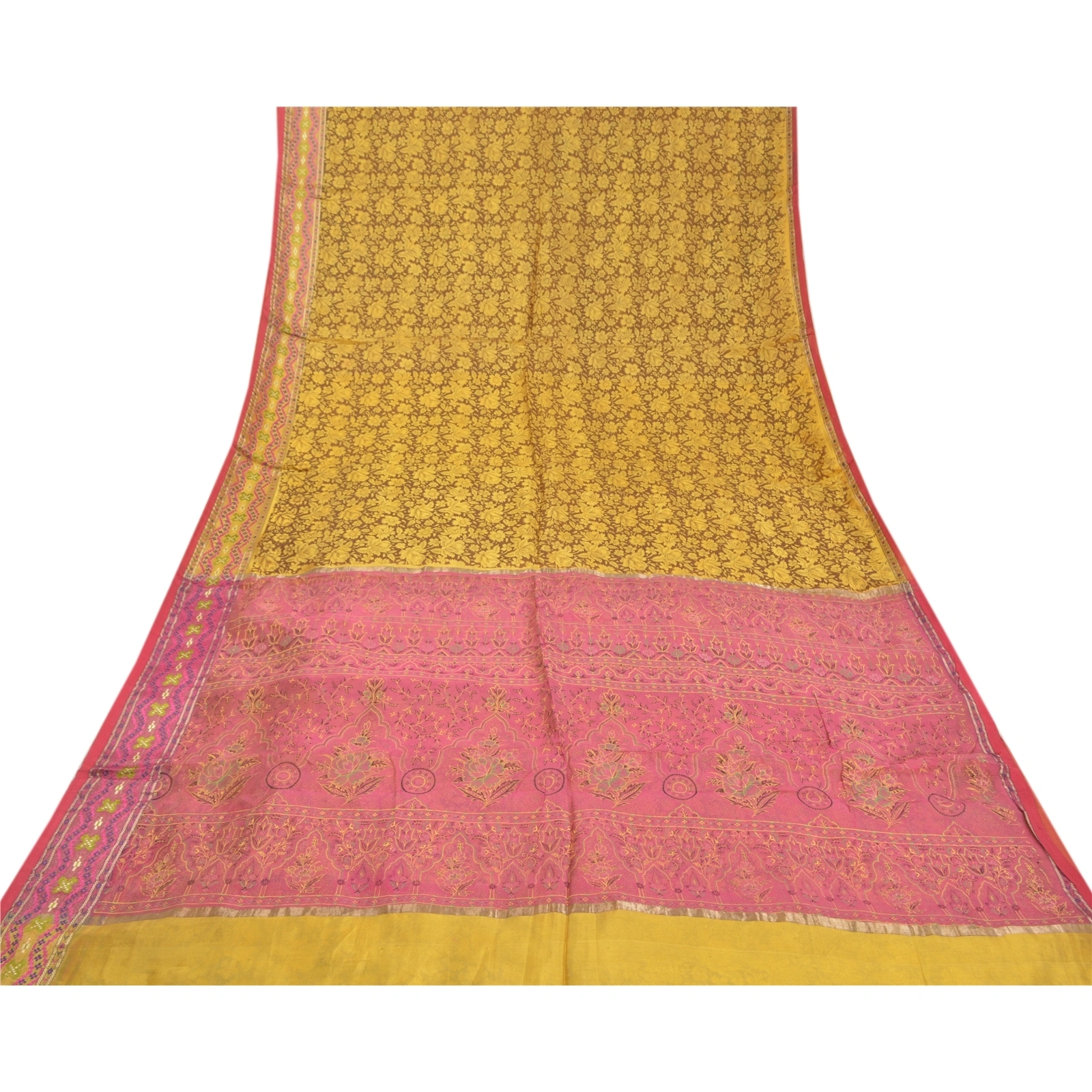 Sanskriti Vintage Lemon Indian Sarees Blend Silk Printed Premium Sari Fabric, PS-58302-Shade Of Lemon &amp; Pink-Printed Work-Blend Silk-8