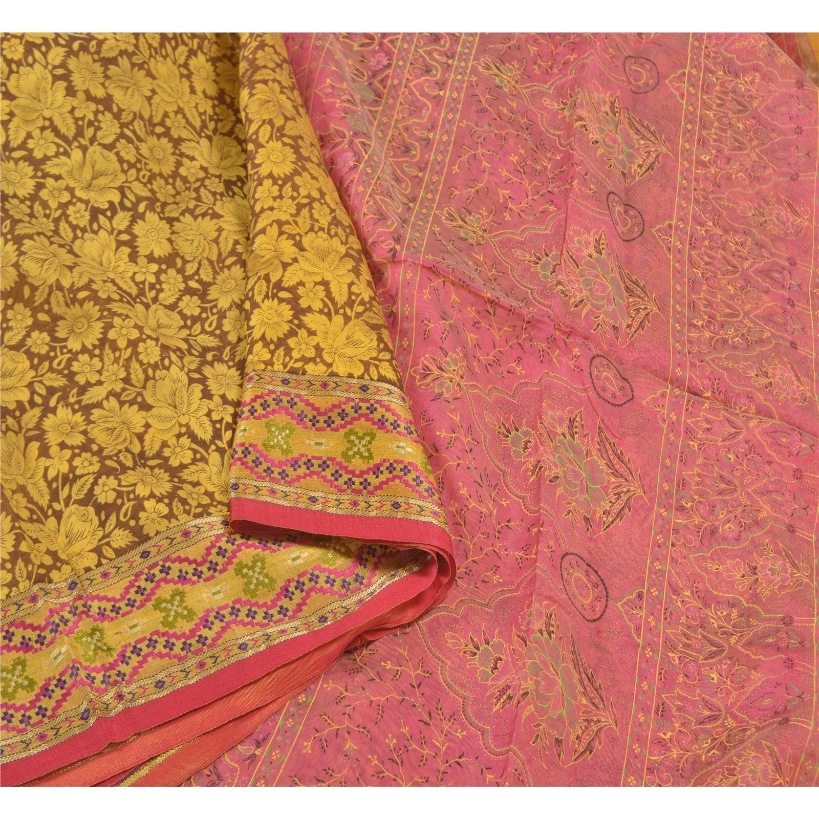 Sanskriti Vintage Lemon Indian Sarees Blend Silk Printed Premium Sari Fabric, PS-58302-Shade Of Lemon &amp; Pink-Printed Work-Blend Silk-9