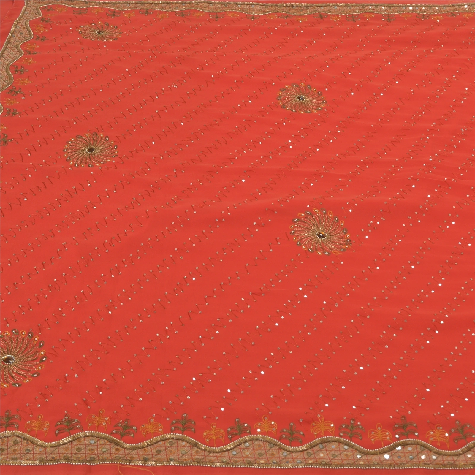 Sanskriti Vintage Red Sarees Georgette Hand Beaded Cultural Sari Craft Fabric, PS-58314-Shade Of Red-Sequins Work-100% Pure Georgette Silk-3