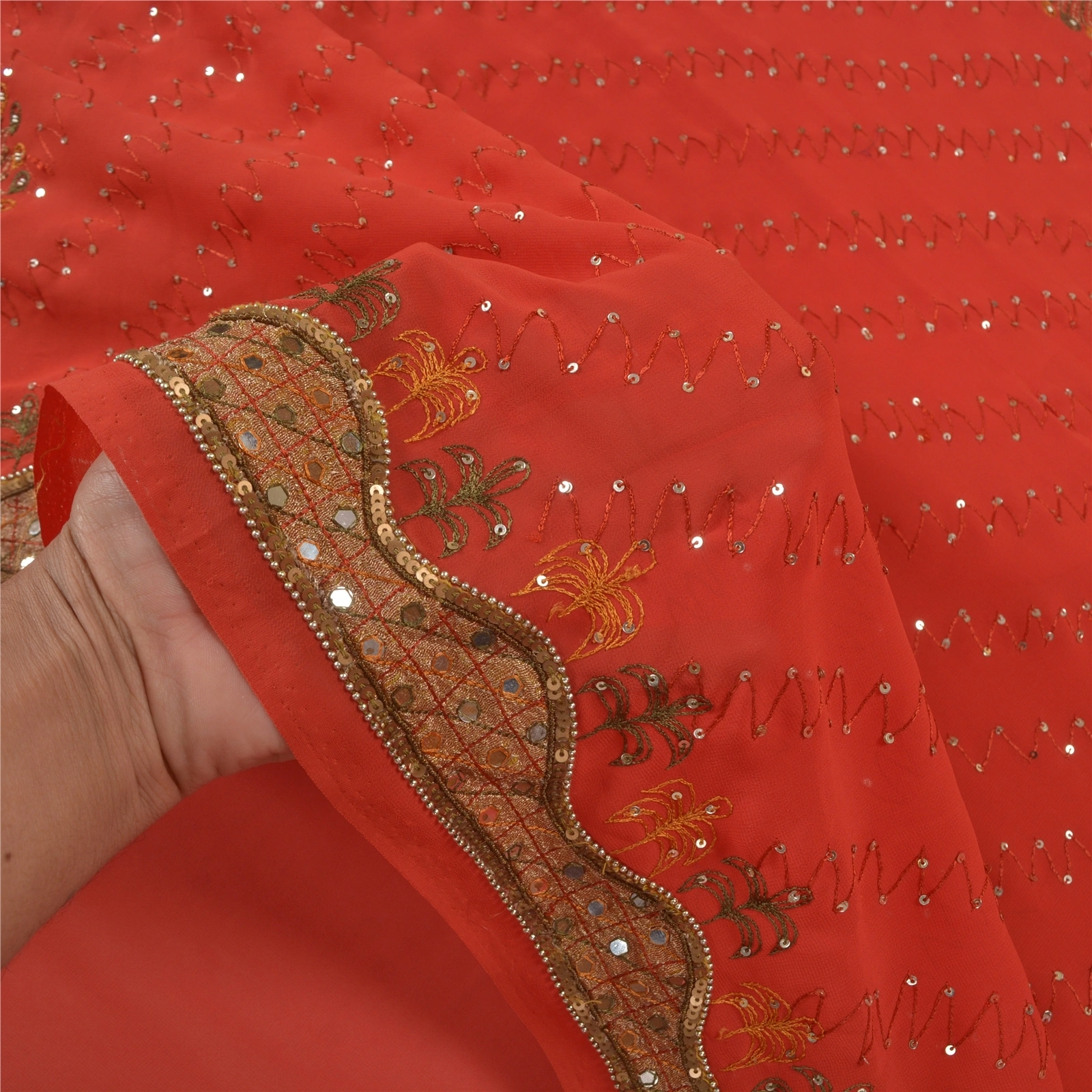 Sanskriti Vintage Red Sarees Georgette Hand Beaded Cultural Sari Craft Fabric, PS-58314-Shade Of Red-Sequins Work-100% Pure Georgette Silk-4