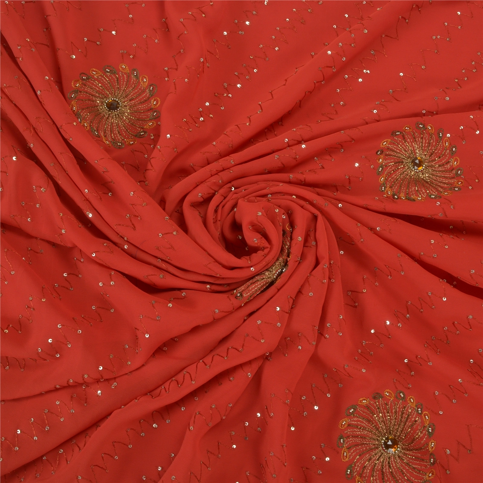 Sanskriti Vintage Red Sarees Georgette Hand Beaded Cultural Sari Craft Fabric, PS-58314-Shade Of Red-Sequins Work-100% Pure Georgette Silk-6