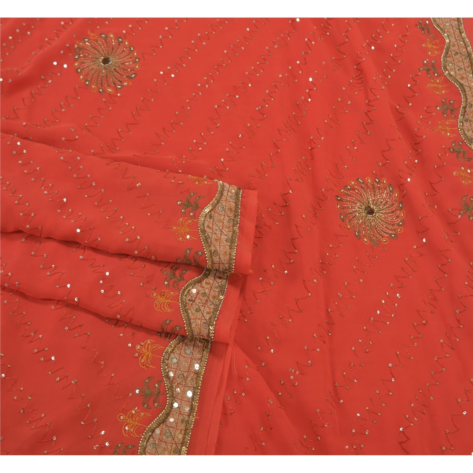 Sanskriti Vintage Red Sarees Georgette Hand Beaded Cultural Sari Craft Fabric, PS-58314-Shade Of Red-Sequins Work-100% Pure Georgette Silk-7