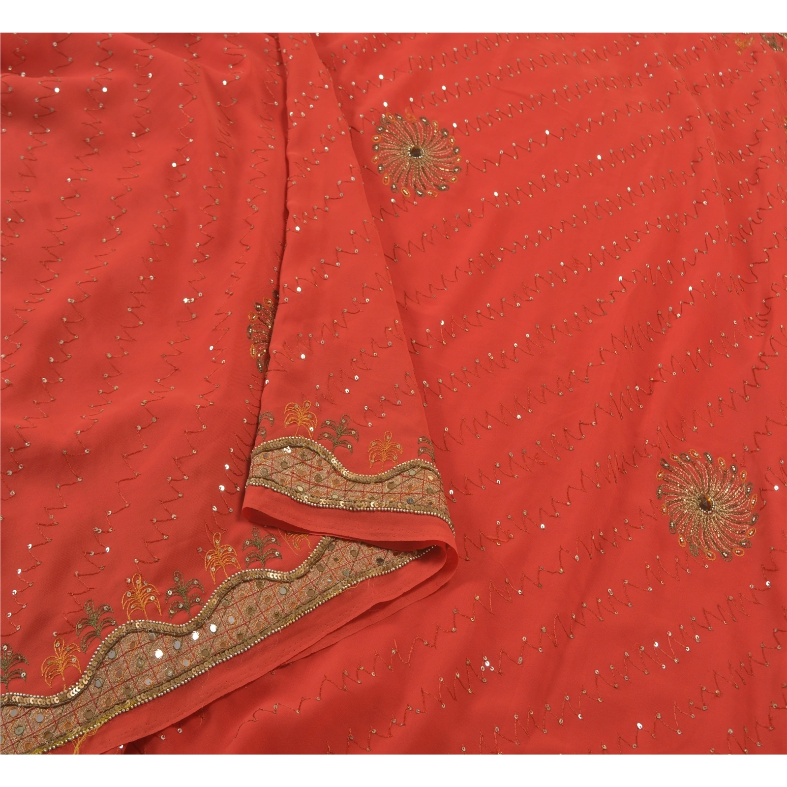 Sanskriti Vintage Red Sarees Georgette Hand Beaded Cultural Sari Craft Fabric, PS-58314-Shade Of Red-Sequins Work-100% Pure Georgette Silk-9