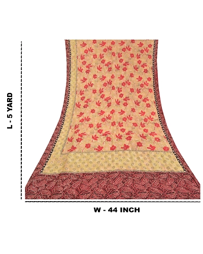 Sanskriti Vintage Ivory Sarees 100% Pure Crepe Silk Handmade Kantha Sari Fabric, PS-58319-Ivory &amp; Dark Red-Thread Work-100% Pure Crepe Silk-1