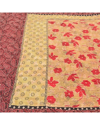Sanskriti Vintage Ivory Sarees 100% Pure Crepe Silk Handmade Kantha Sari Fabric, PS-58319-Ivory &amp; Dark Red-Thread Work-100% Pure Crepe Silk-3