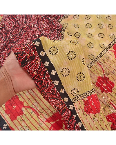 Sanskriti Vintage Ivory Sarees 100% Pure Crepe Silk Handmade Kantha Sari Fabric, PS-58319-Ivory &amp; Dark Red-Thread Work-100% Pure Crepe Silk-4