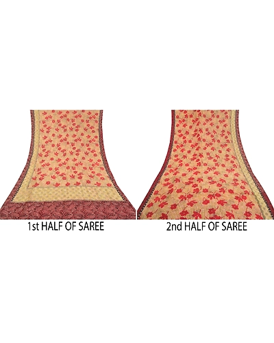 Sanskriti Vintage Ivory Sarees 100% Pure Crepe Silk Handmade Kantha Sari Fabric, PS-58319-Ivory &amp; Dark Red-Thread Work-100% Pure Crepe Silk-5