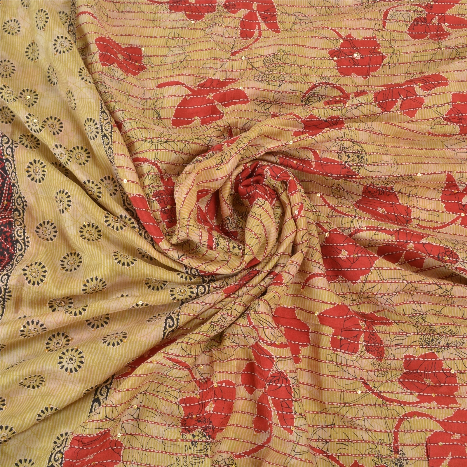 Sanskriti Vintage Ivory Sarees 100% Pure Crepe Silk Handmade Kantha Sari Fabric, PS-58319-Ivory &amp; Dark Red-Thread Work-100% Pure Crepe Silk-6